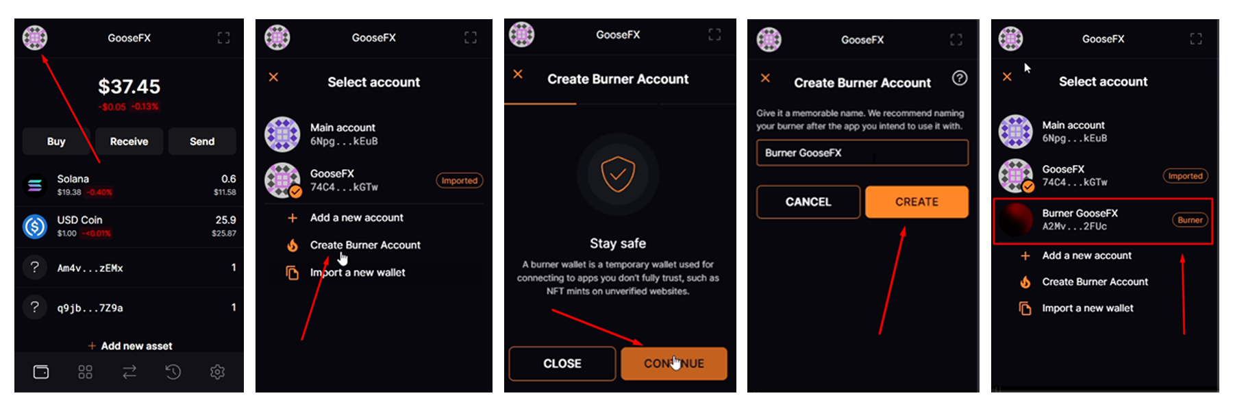 Screenshots illustrating each step of creating a Burner Wallet on Solflare Wallet.